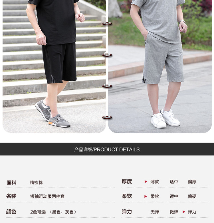 夏季中老年圆领宽松爸爸装短袖棉T恤运动套装男老人薄款衣服批发详情2