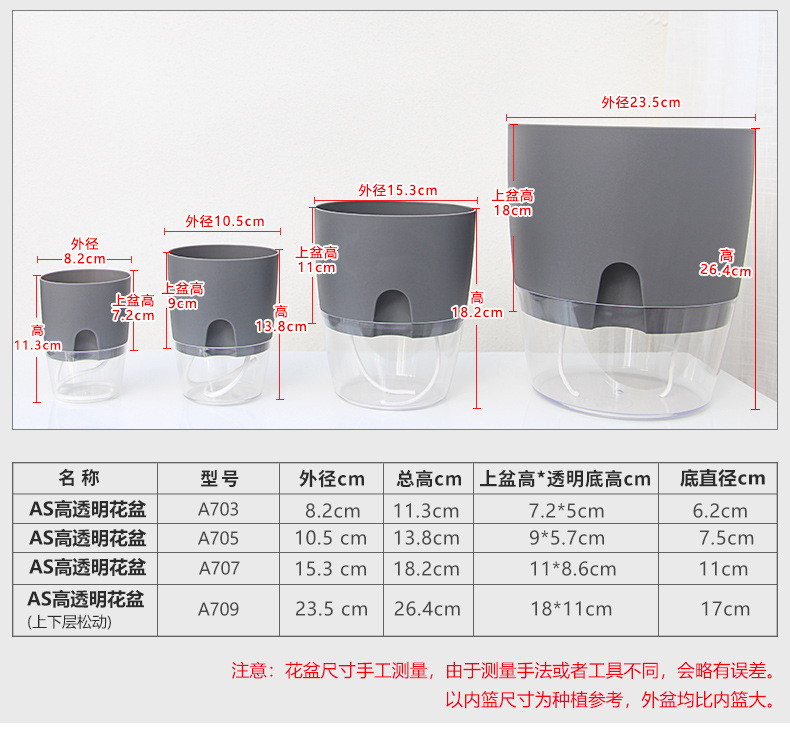 跨境工厂现货批发透明塑料懒人花盆双层简约自吸水棉绳亚马逊园艺详情37