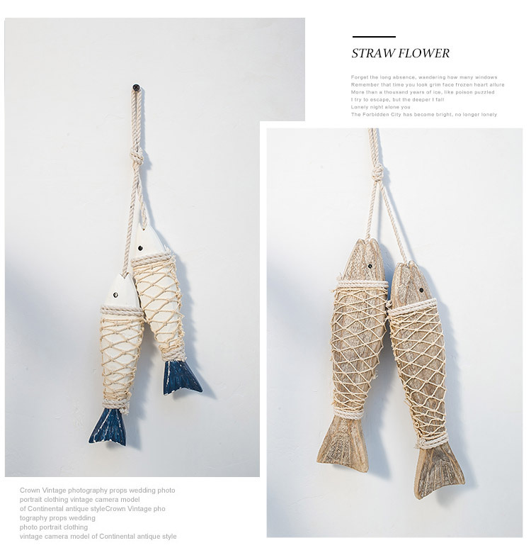 地中海创意复古做旧壁挂饰品乡村年年有鱼木质仿古雕刻小鱼串大号详情11