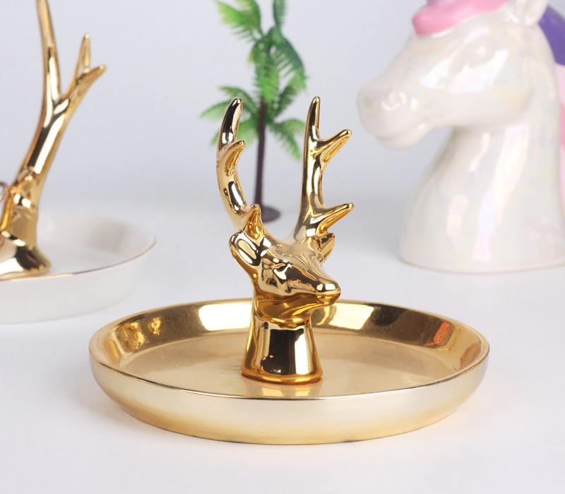 Nordic gold-plated ceramic handicrafts, gift jewelry plates, rings, watches, home storage plates, golden deer animal ornaments pic 55
