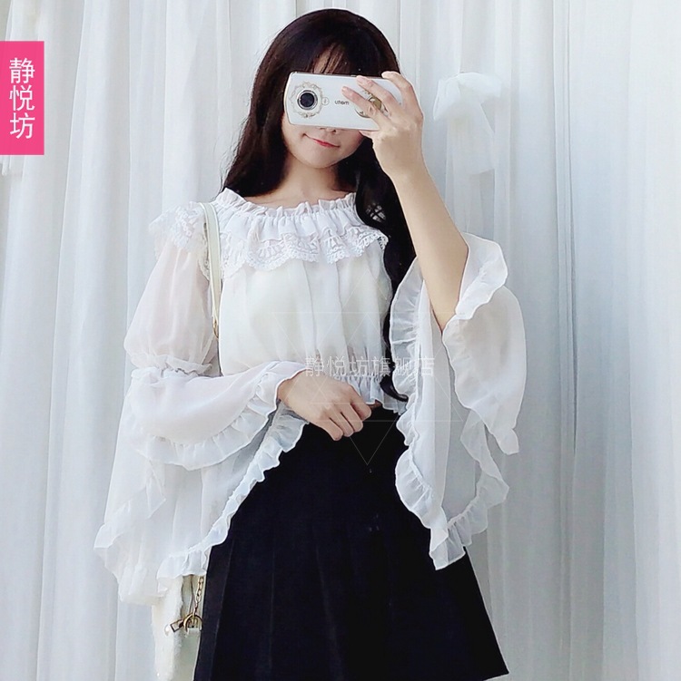 Chiffon lace top, short long-sleeved lolita shirt, Lolita daily dress, soft girl base, strapless pic 10