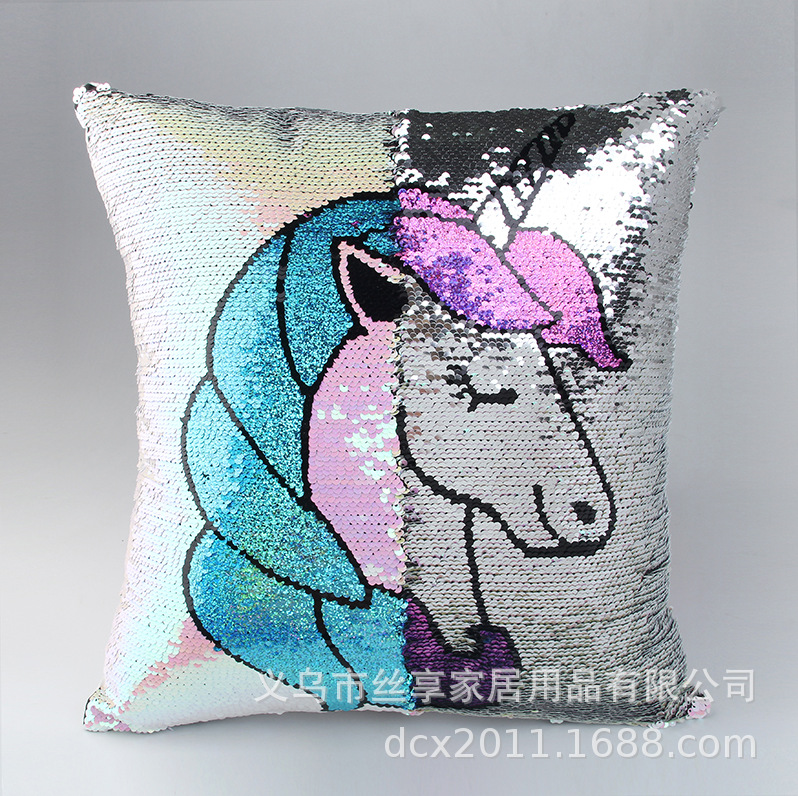 Customized double-sided color positioning embroidered sequin unicorn throw pillows sofa cushions flip print decorative items pic 20