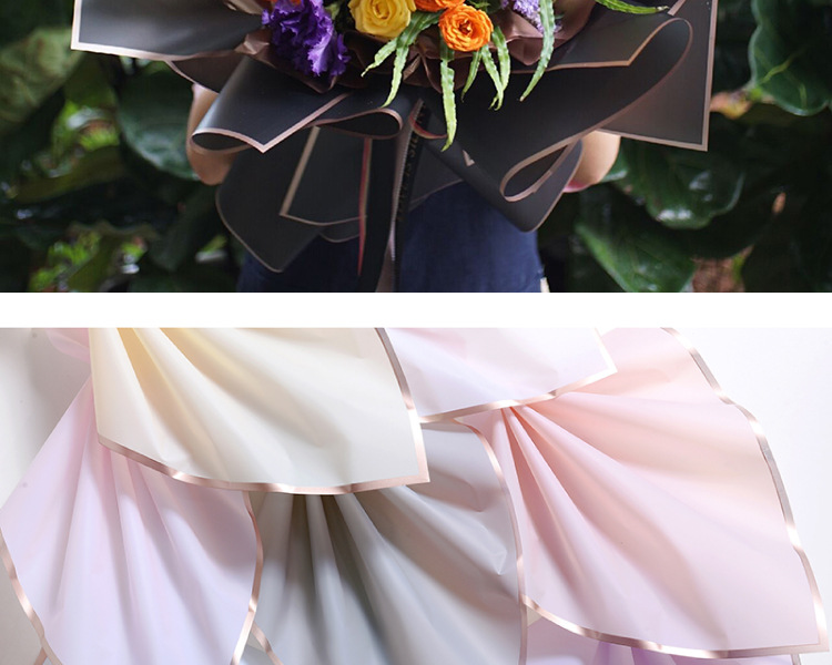 罗兰新款金色边框果冻膜鲜花包装纸材料防水高档包花纸花束花艺店详情9