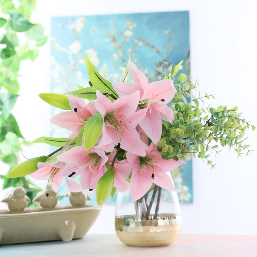 Yiwu wholesale high-fidelity film lilies, 3-head long branches, home, wedding, dining table, hotel decorative flowers, artificial plants, artificial flower arrangements pic 5