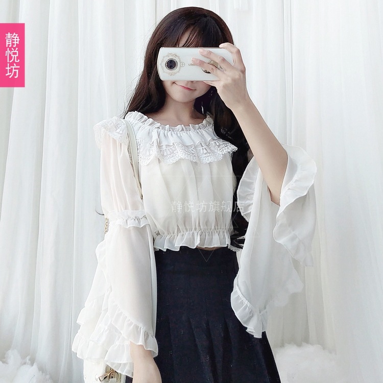 Chiffon lace top, short long-sleeved lolita shirt, Lolita daily dress, soft girl base, strapless pic 11