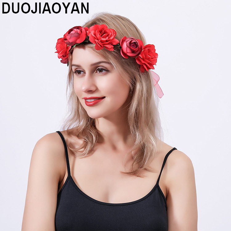 Realistic garland headwear, fabric rose flower bride garland, forest-themed super fairy vacation photography, hair accessory pic 26