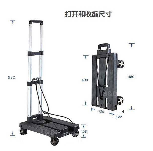 Universal silent five-wheel folding portable aluminum alloy luggage cart, shopping and cargo carrying small flatbed cart, trolley pulling cart pic 2