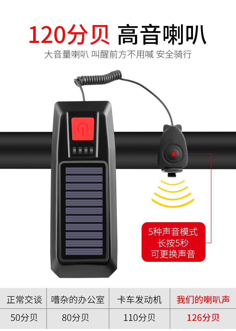 Bicycle headlights, solar horn lights, USB charging headlights, strong flashlight for bicycles, cross-border cycling equipment pic 13