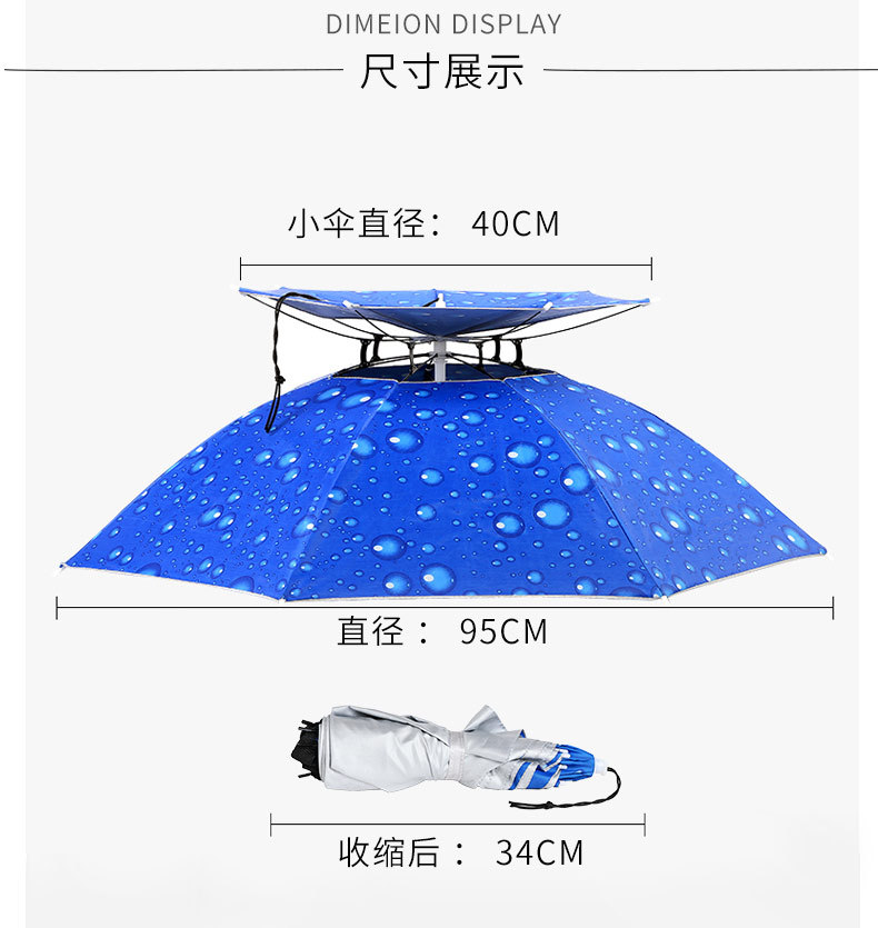 双层黑胶防雨钓鱼伞帽头戴式雨伞防晒采茶头顶雨伞帽户外遮阳垂钓详情22