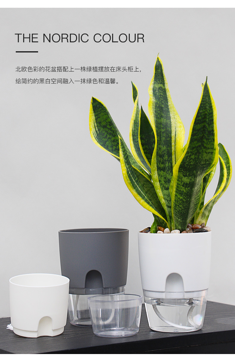 跨境工厂现货批发透明塑料懒人花盆双层简约自吸水棉绳亚马逊园艺详情46