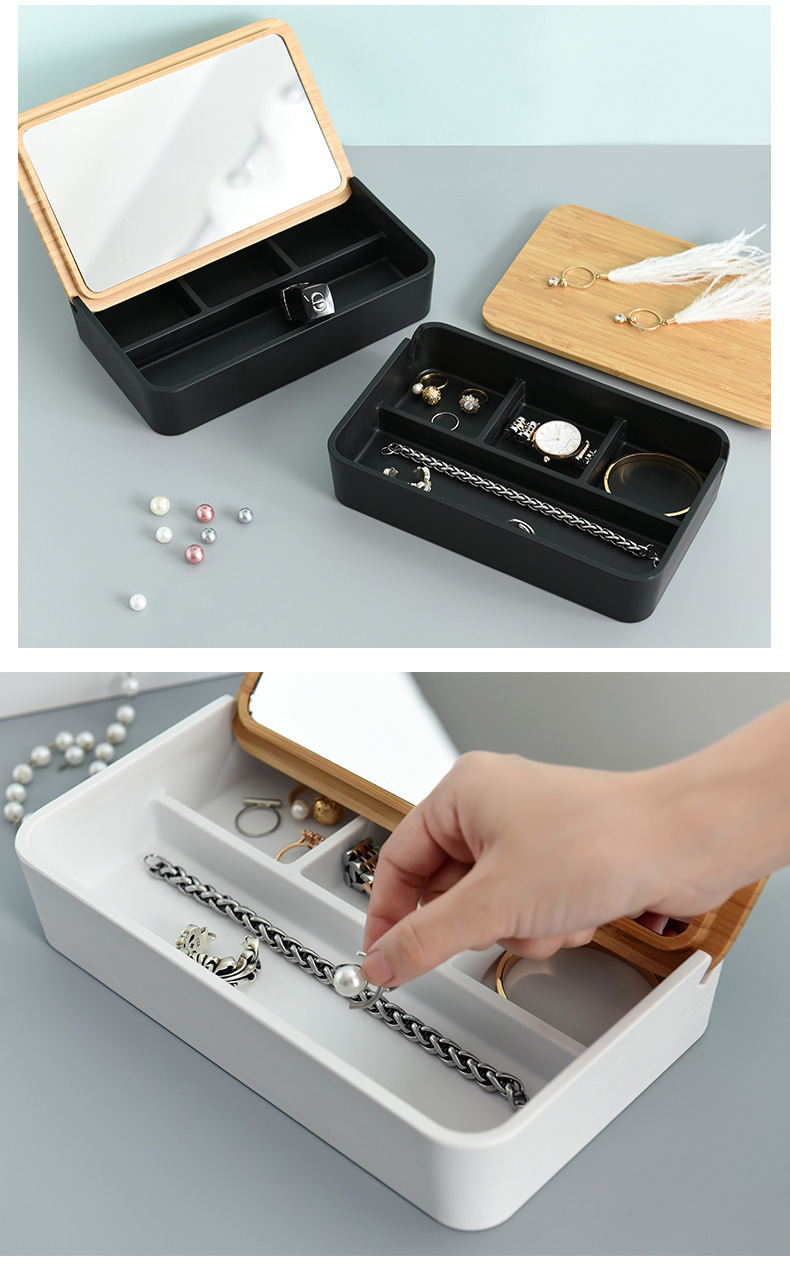 高颜值首饰收纳盒口红盒子化妆盒竹盖化妆品盒带镜翻盖口红收纳箱详情23