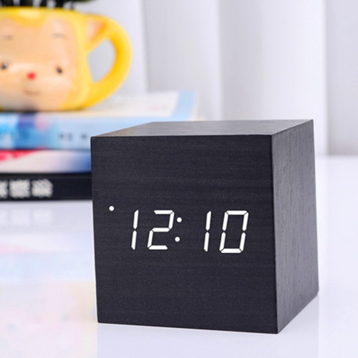 LED creative voice-controlled digital electronic alarm clock, silent student night light bedside square cute wooden clock pic 19