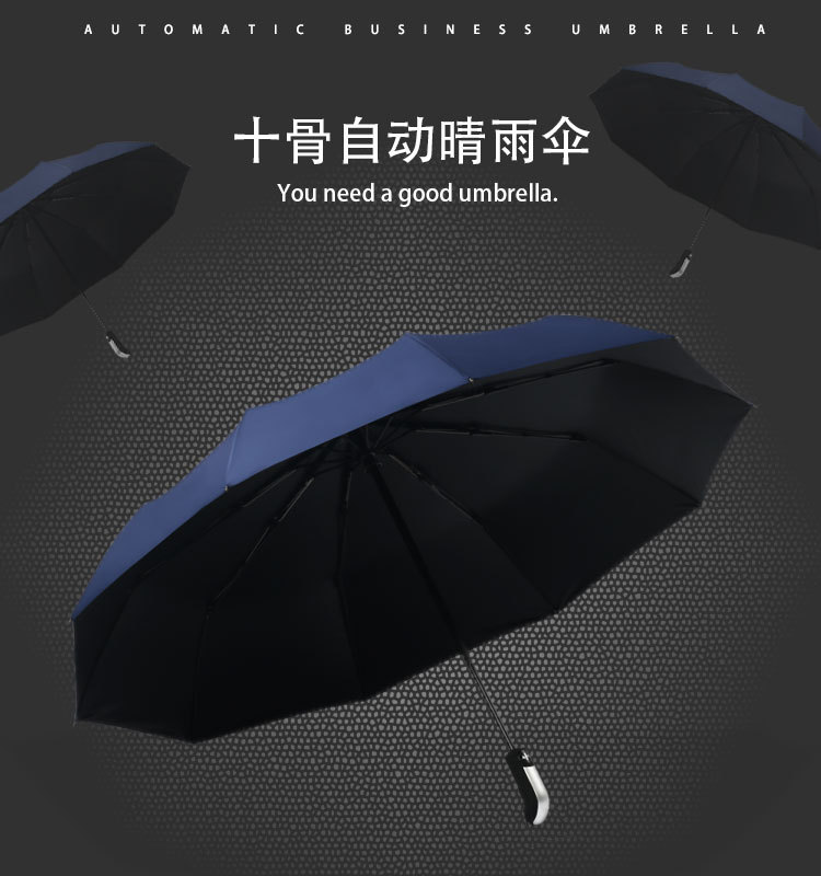 全自动折叠伞商务男士大号10骨双人伞晴雨两用雨伞十骨三折伞印刷详情2