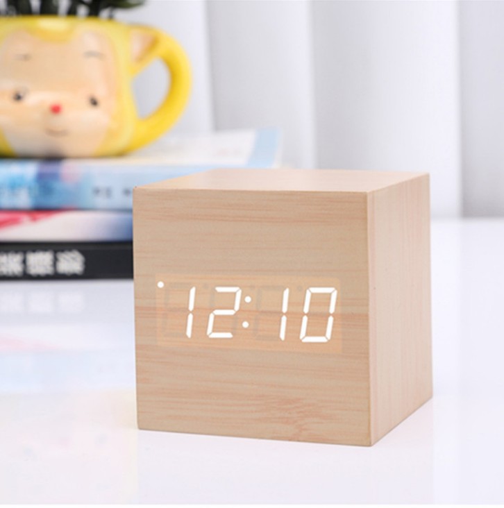 LED creative voice-controlled digital electronic alarm clock, silent student night light bedside square cute wooden clock pic 20