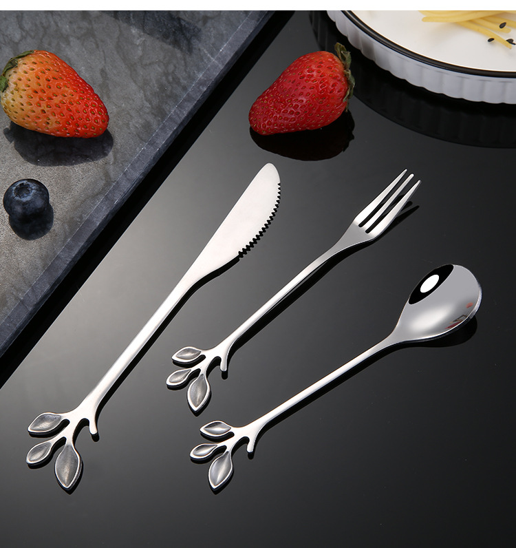 不锈钢餐具刀叉勺创意树叶儿童切水果月饼刀叉蜂蜜搅拌甜品咖啡勺详情12