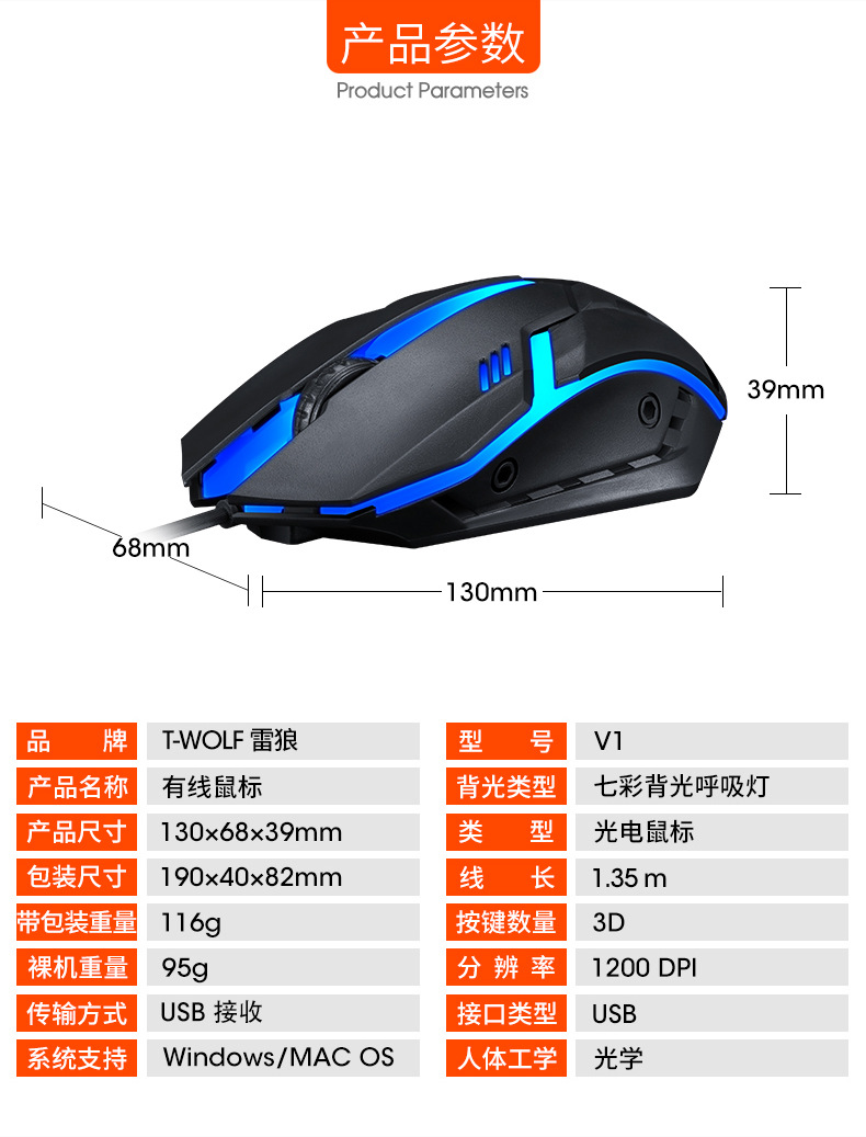 T-WOLF雷狼V1有线鼠标USB游戏发光电脑笔记本家用办公工厂鼠标详情3