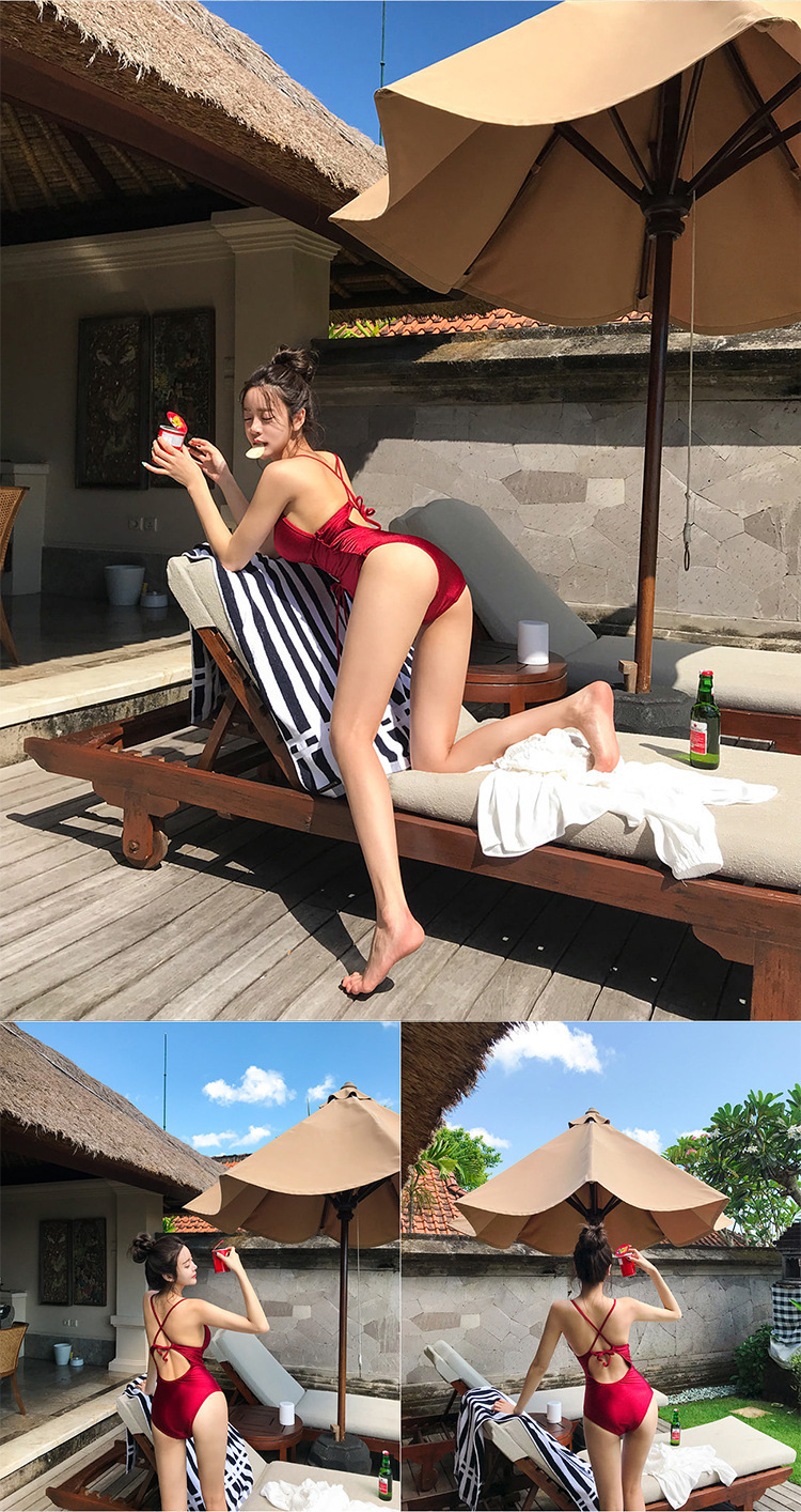 连体三角裤绑带露背性感高腰聚拢遮肚显瘦温泉沙滩度假游泳衣女详情4