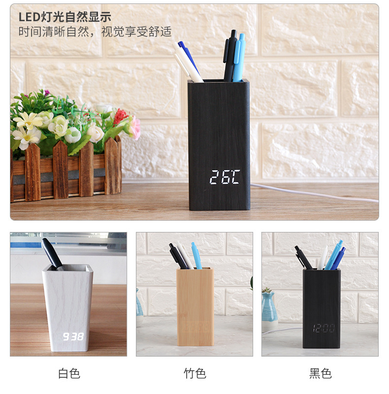 Cross-border bestseller wooden pen holder alarm clock, Amazon hot selling LED clock gift electronic clock, can silk-screen print logo pic 17