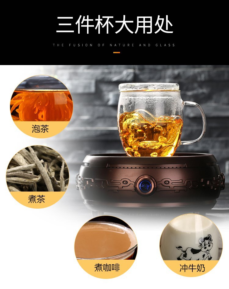 Factory wholesale household glass cups, heat-resistant flower tea cups, three-piece sets, office tea brewing belts, handles, filter cups, LOGO pic 6