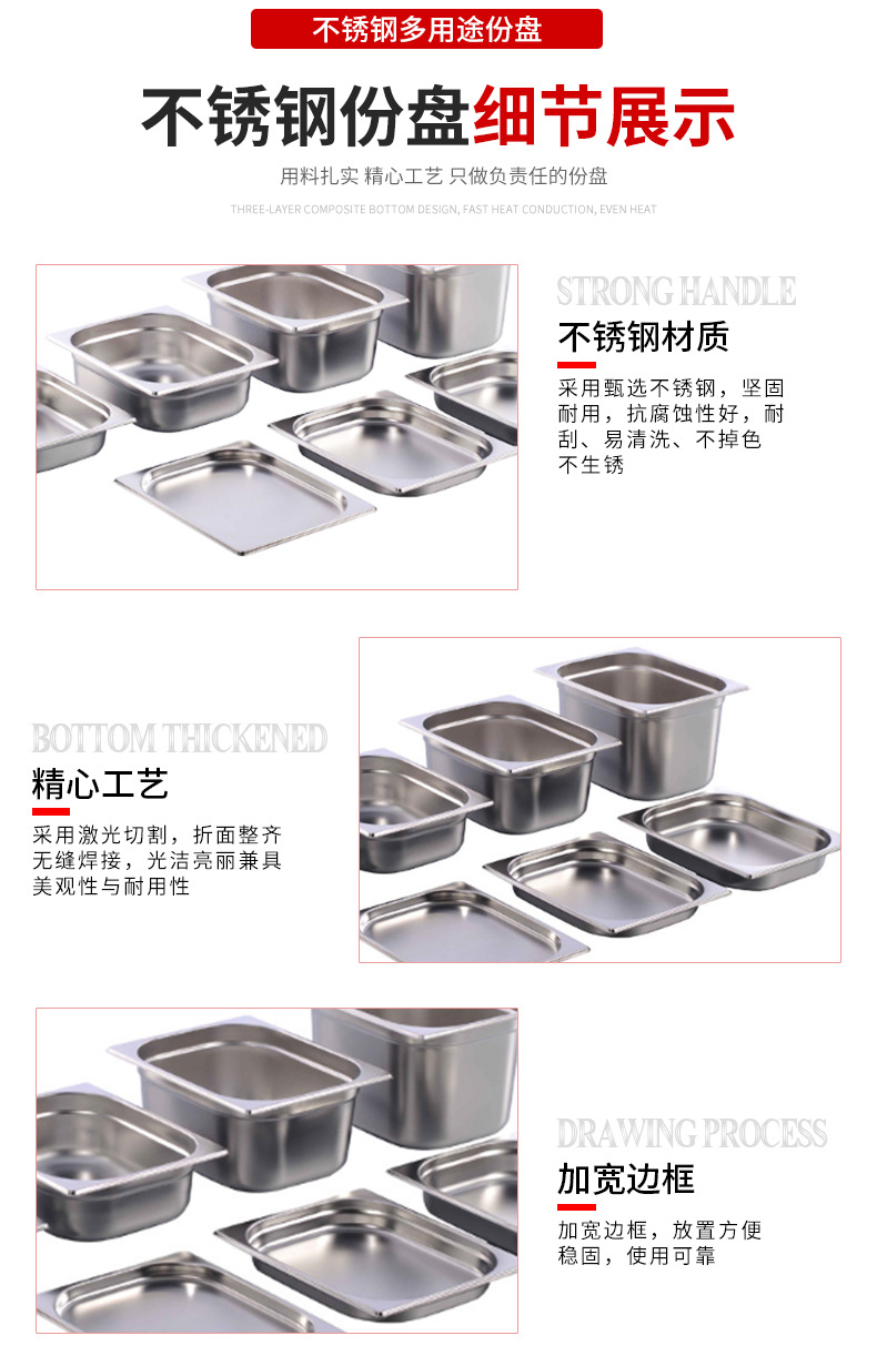 European-style stainless steel serving basins, hotel cafeteria buffet food storage basins, milk tea shop stainless steel square plates 1/1*20 pic 2