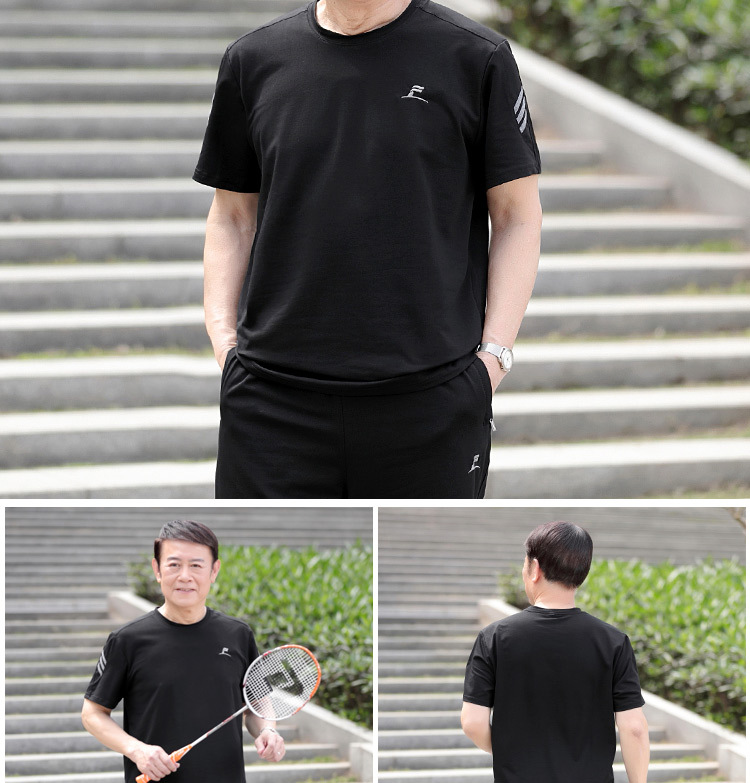 夏季中老年圆领宽松爸爸装短袖棉T恤运动套装男老人薄款衣服批发详情14