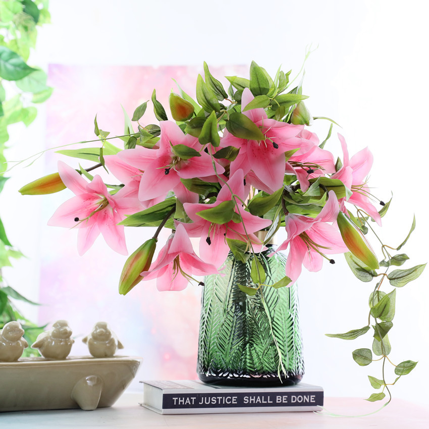 Yiwu wholesale high-fidelity film lilies, 3-head long branches, home, wedding, dining table, hotel decorative flowers, artificial plants, artificial flower arrangements pic 6
