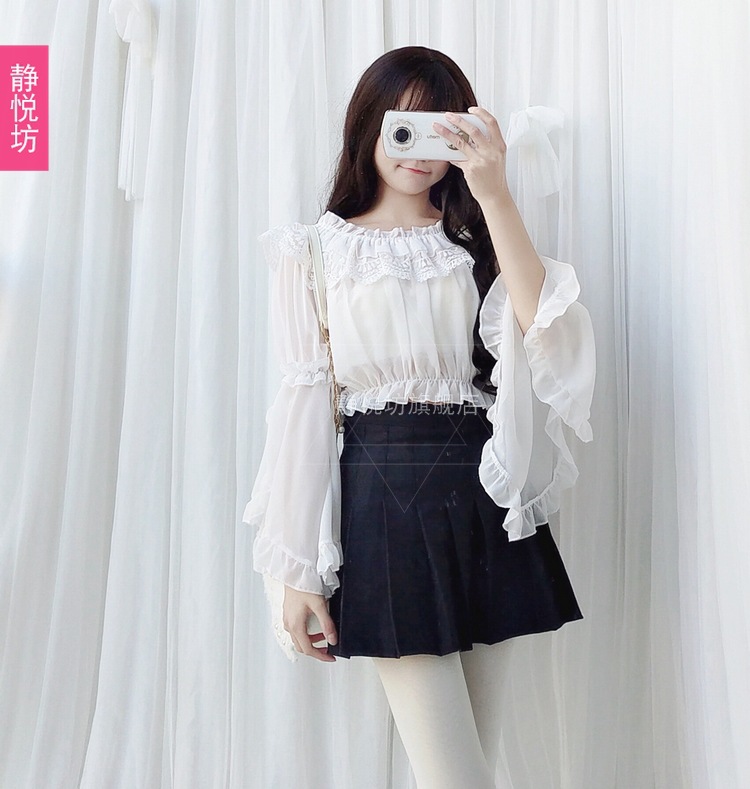 Chiffon lace top, short long-sleeved lolita shirt, Lolita daily dress, soft girl base, strapless pic 8