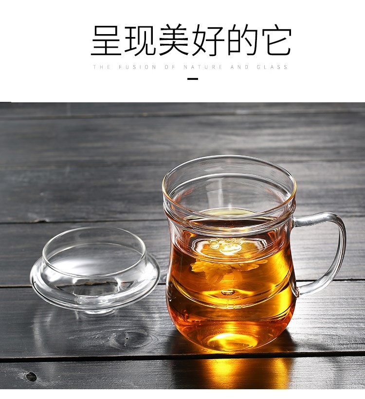 Factory wholesale household glass cups, heat-resistant flower tea cups, three-piece sets, office tea brewing belts, handles, filter cups, LOGO pic 14