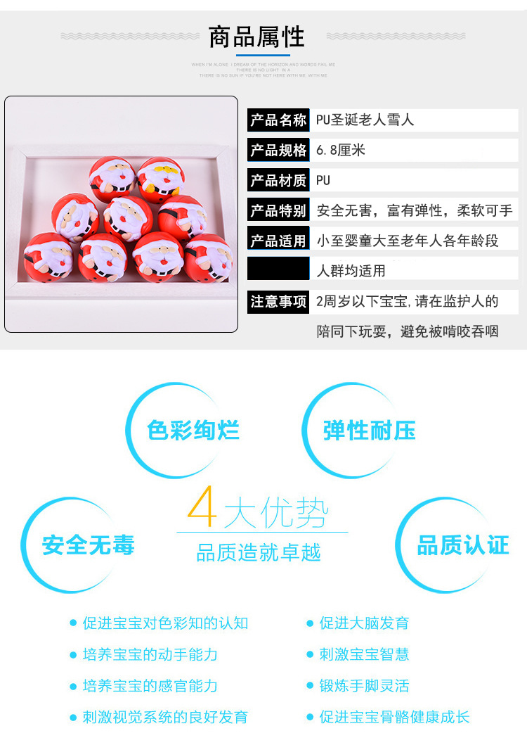 厂家直销6.8厘米PU发泡圣诞老人压力玩具礼品可制LOGO手指锻炼球详情3