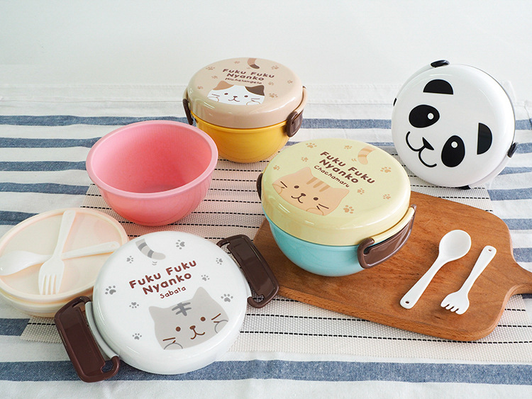 Plastic Japanese round bowl-shaped lunch box, double-layer cartoon student microwave lunch box pic 5