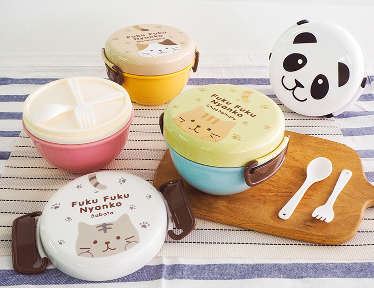Plastic Japanese round bowl-shaped lunch box, double-layer cartoon student microwave lunch box pic 6