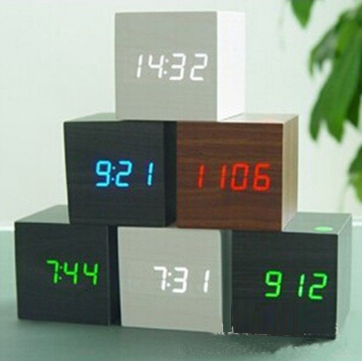 LED creative voice-controlled digital electronic alarm clock, silent student night light bedside square cute wooden clock pic 22
