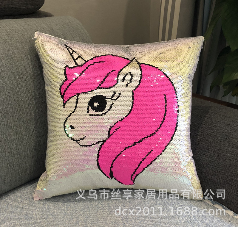 Customized double-sided color positioning embroidered sequin unicorn throw pillows sofa cushions flip print decorative items pic 21