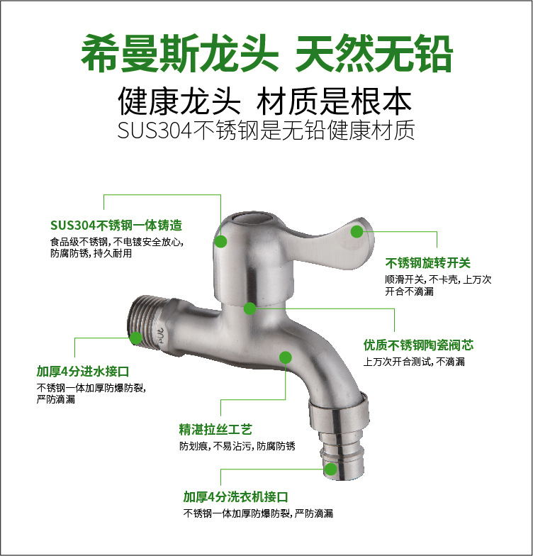 卫浴厂家 加厚304不锈钢洗衣机水龙头加长拖把池龙头4分快开铜芯详情2