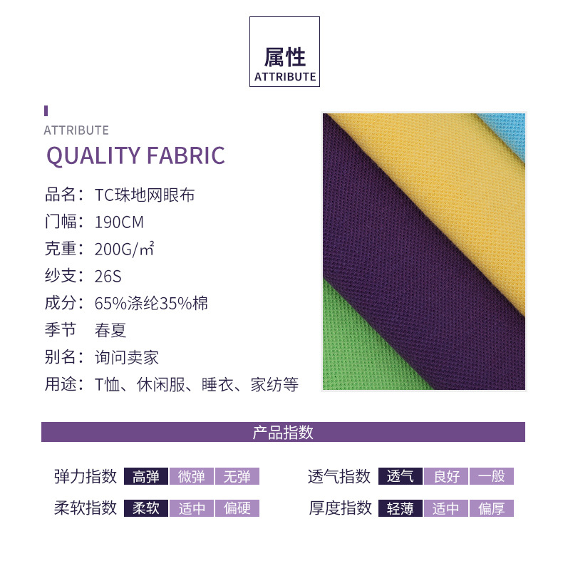 涤棉TC珠地布纱吸湿排汗面料速干布运动T恤针织服装网眼布详情3