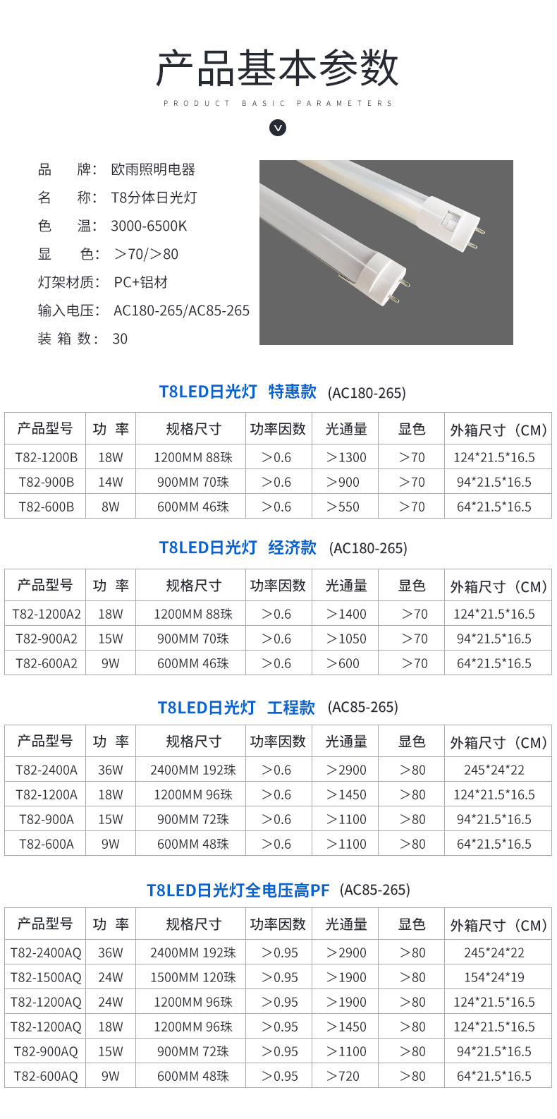 LED灯管日光管日光灯1.2米节能高亮厂家直销灯棒T8分体全电压高PF详情4