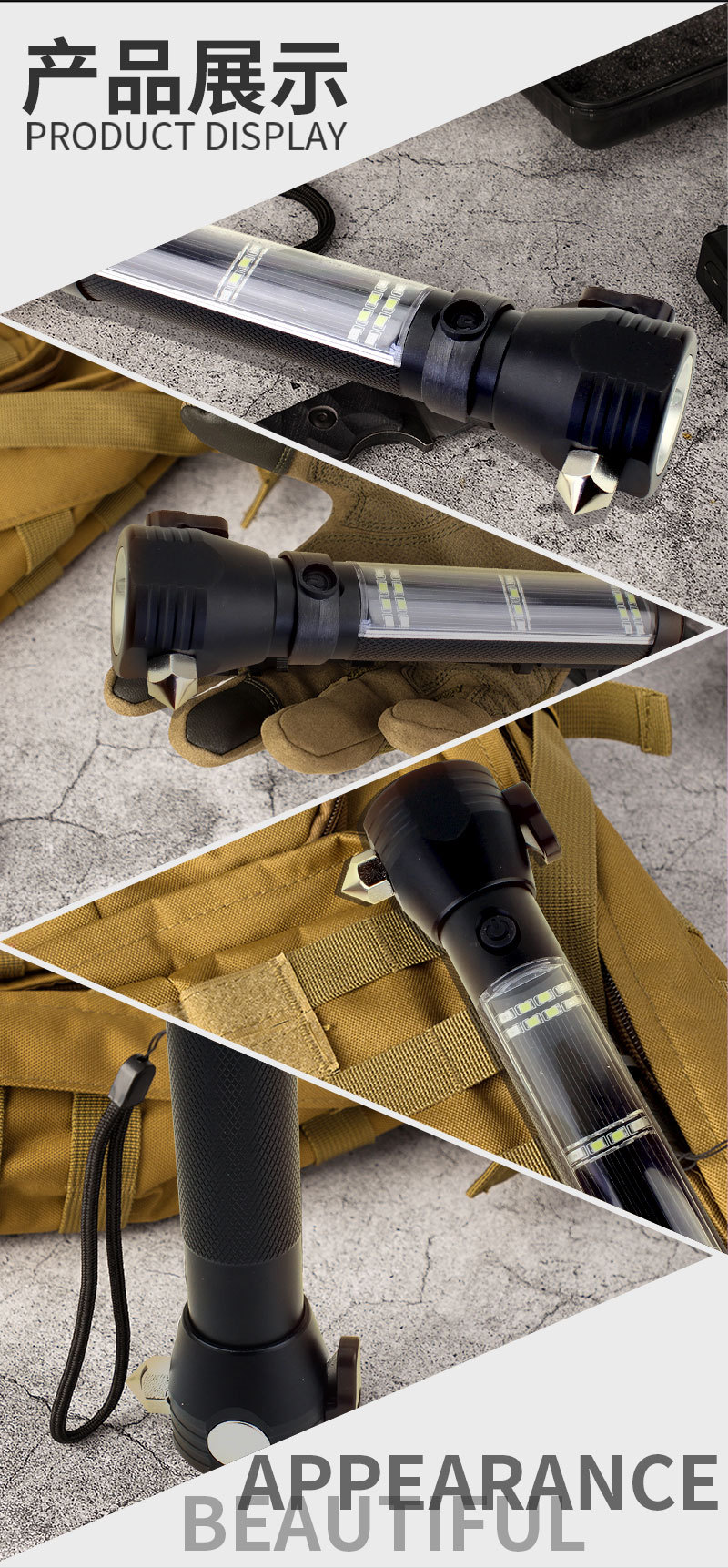 Tiger Hunter car usb charging safety escape hammer flashlight Solar safety hammer LED flashlight with strong LED light pic 48