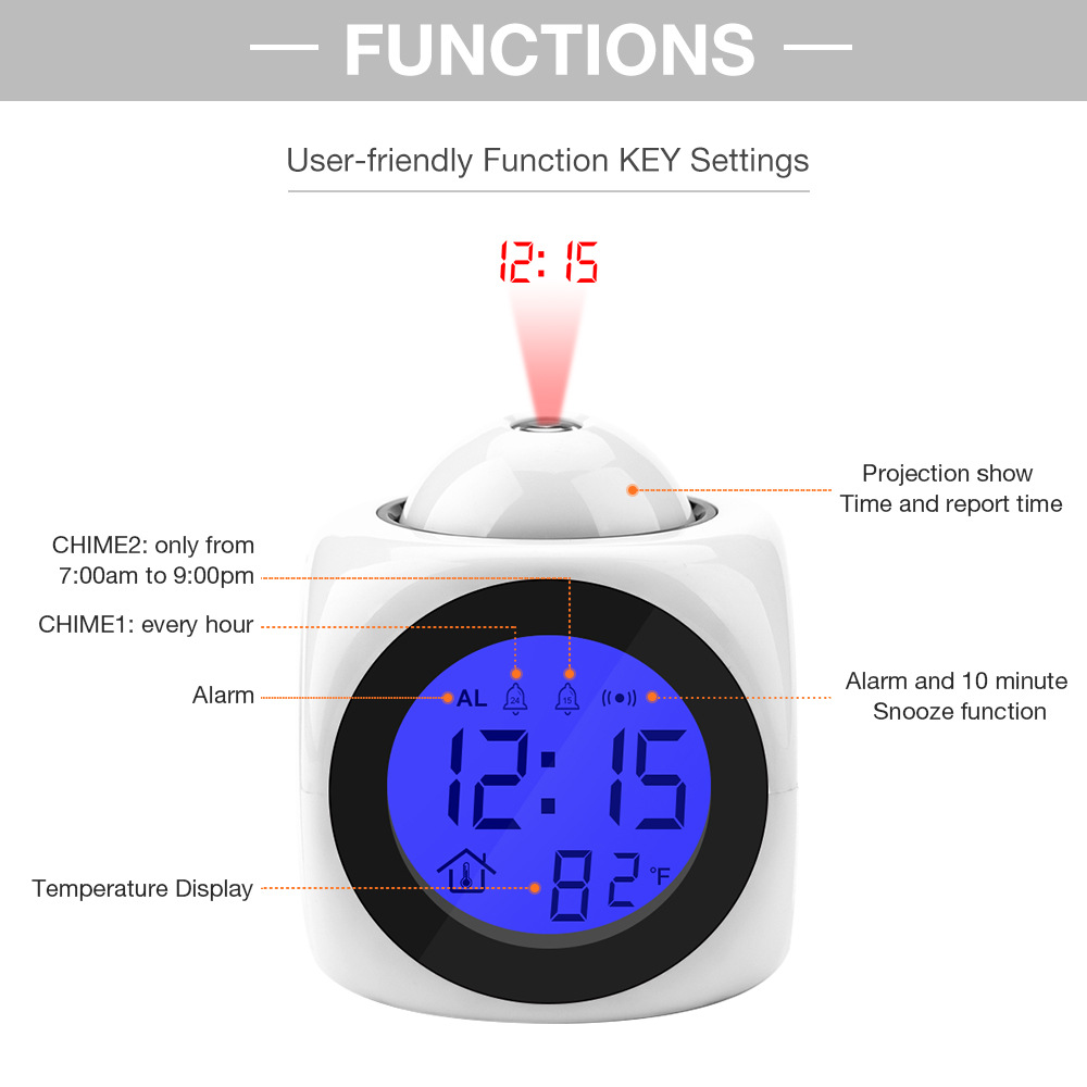 New multi-functional English projection clock, LED light projection alarm clock, voice announcement clock projection clock pic 26