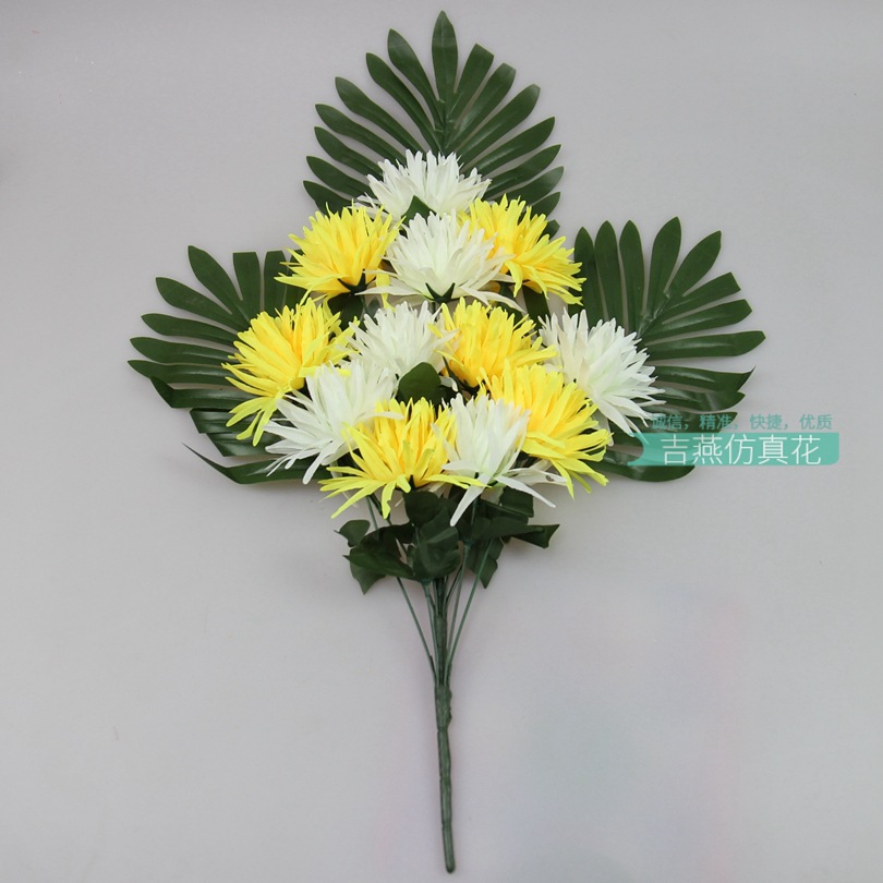 Fan-shaped artificial chrysanthemum manufacturer, 12-head artificial flower finished products, golden thread chrysanthemum artificial hand bouquet, 18-head artificial silk flower pic 19