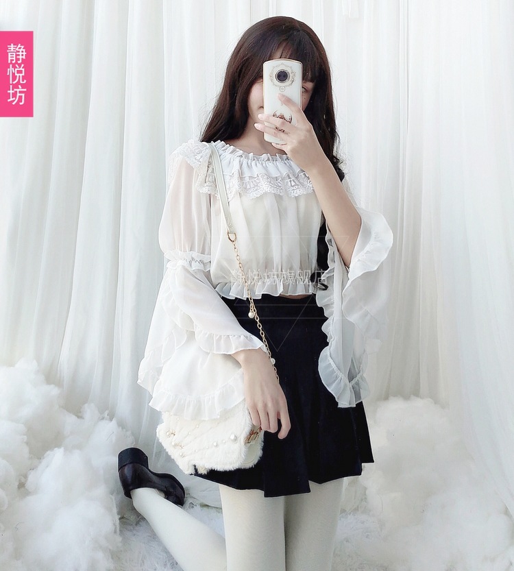 Chiffon lace top, short long-sleeved lolita shirt, Lolita daily dress, soft girl base, strapless pic 12