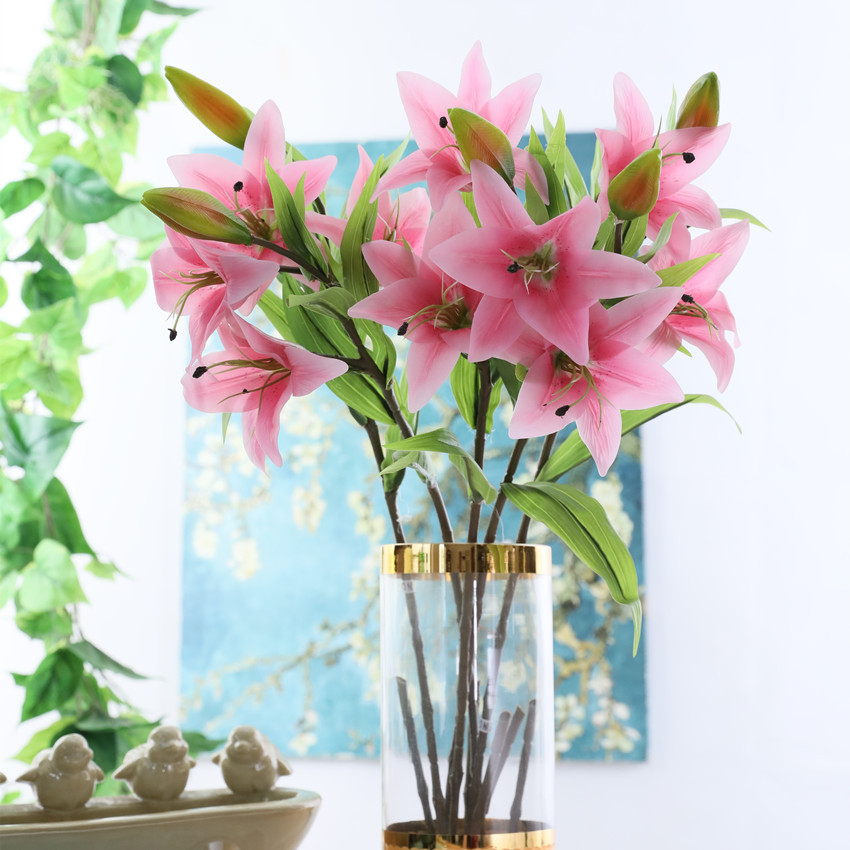 Yiwu wholesale high-fidelity film lilies, 3-head long branches, home, wedding, dining table, hotel decorative flowers, artificial plants, artificial flower arrangements pic 2