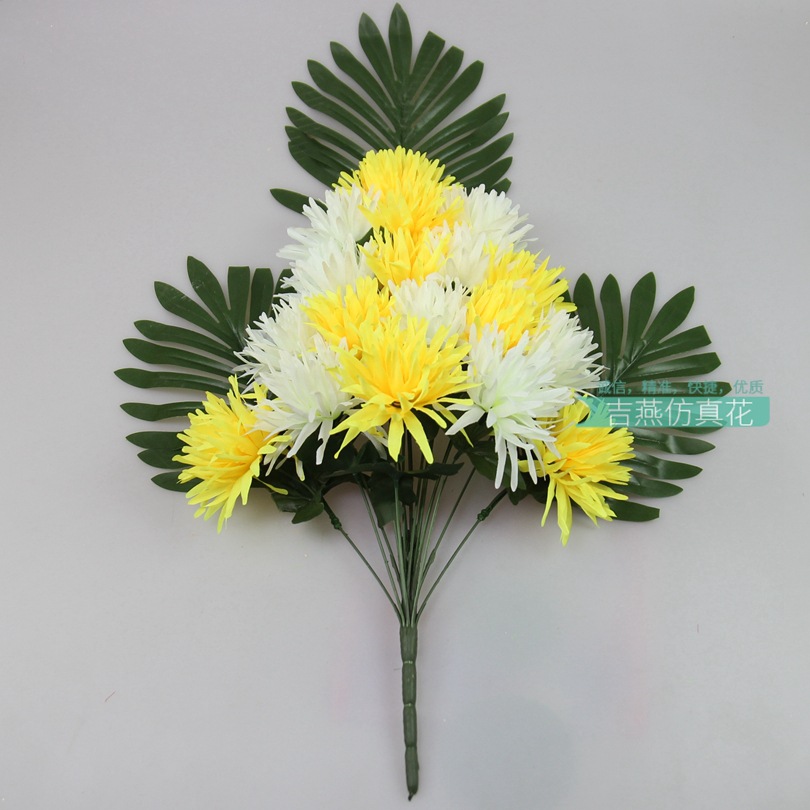 Fan-shaped artificial chrysanthemum manufacturer, 12-head artificial flower finished products, golden thread chrysanthemum artificial hand bouquet, 18-head artificial silk flower pic 20