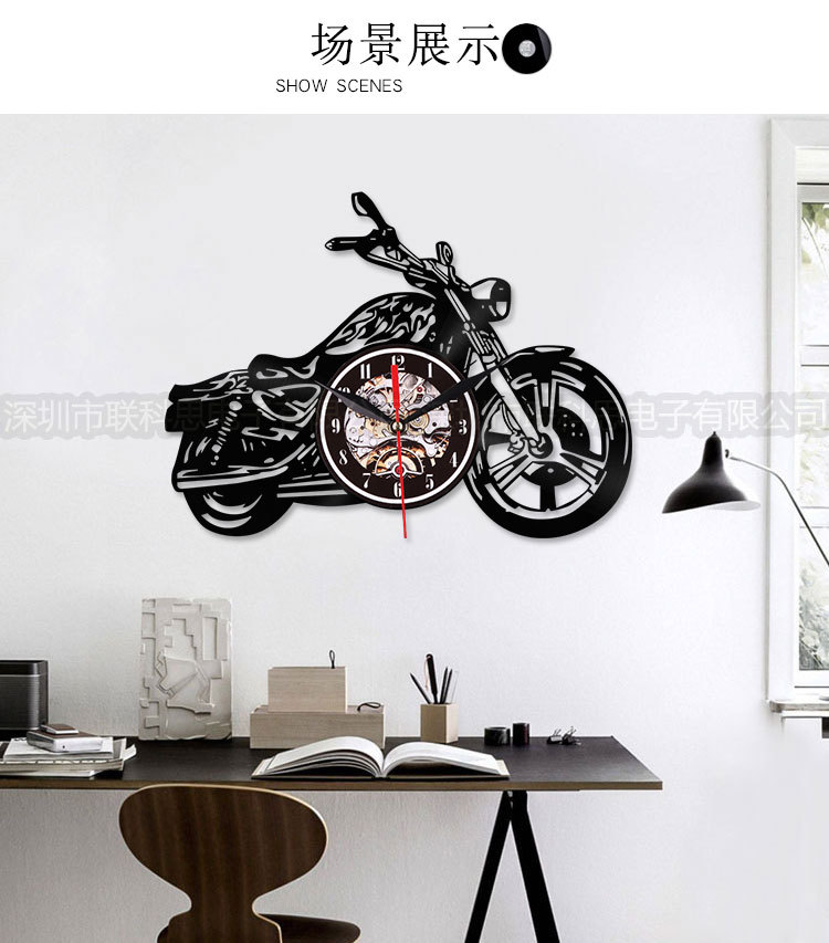 亚马逊热卖爆款产品 创意黑胶摩托车造型客厅装饰复古LED石英墙钟详情15