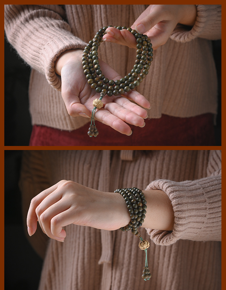 Green sandalwood bracelet, 108-bead Buddhist prayer beads bracelet, boxwood lotus multi-loop necklace for couples, and prayer beads pic 6