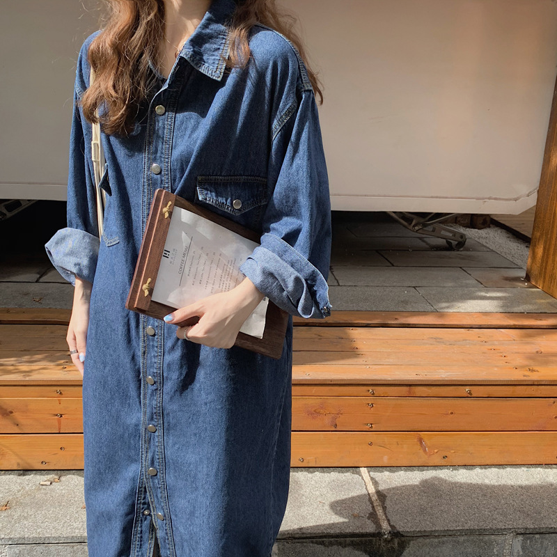 Real photos of homemade long-sleeved denim dress with a design sense, a Korean version slimming dress for women in stock pic 9