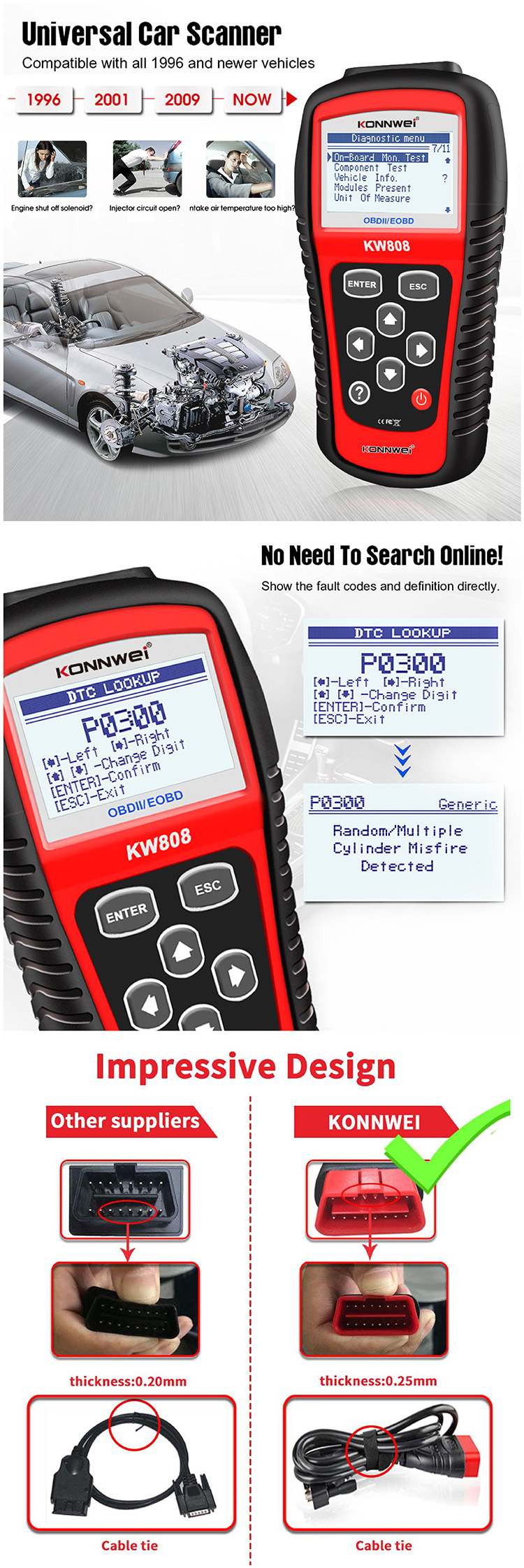 The ELM327OBD2AL519KW206 car fault diagnostic instrument, detector and scanner of the same model as MS509, KW808 pic 5
