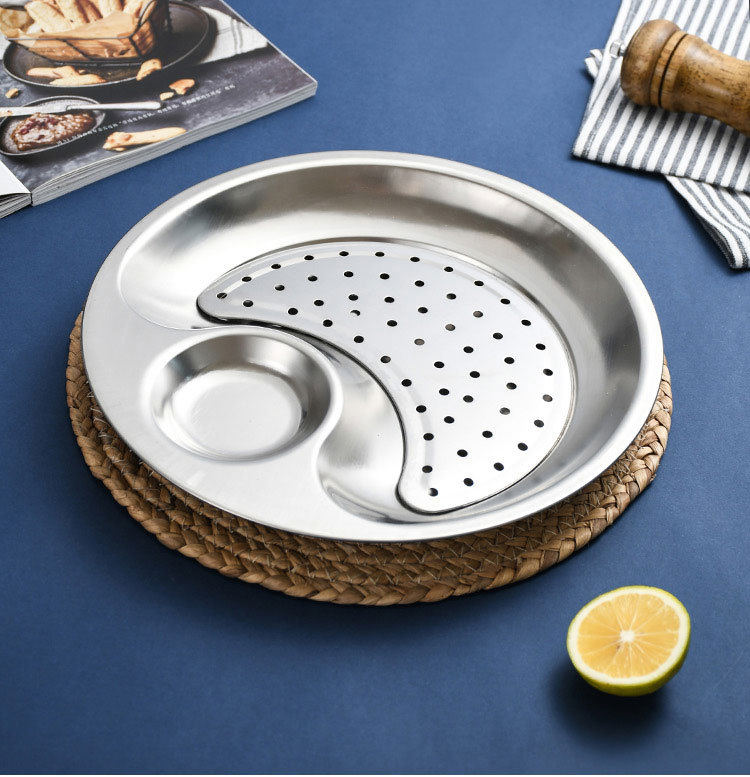 Thickened non-magnetic stainless steel dumpling plate, double-layer with vinegar dish, draining and oil-draining dumpling plate, household steamer plate, fast food restaurant pic 14