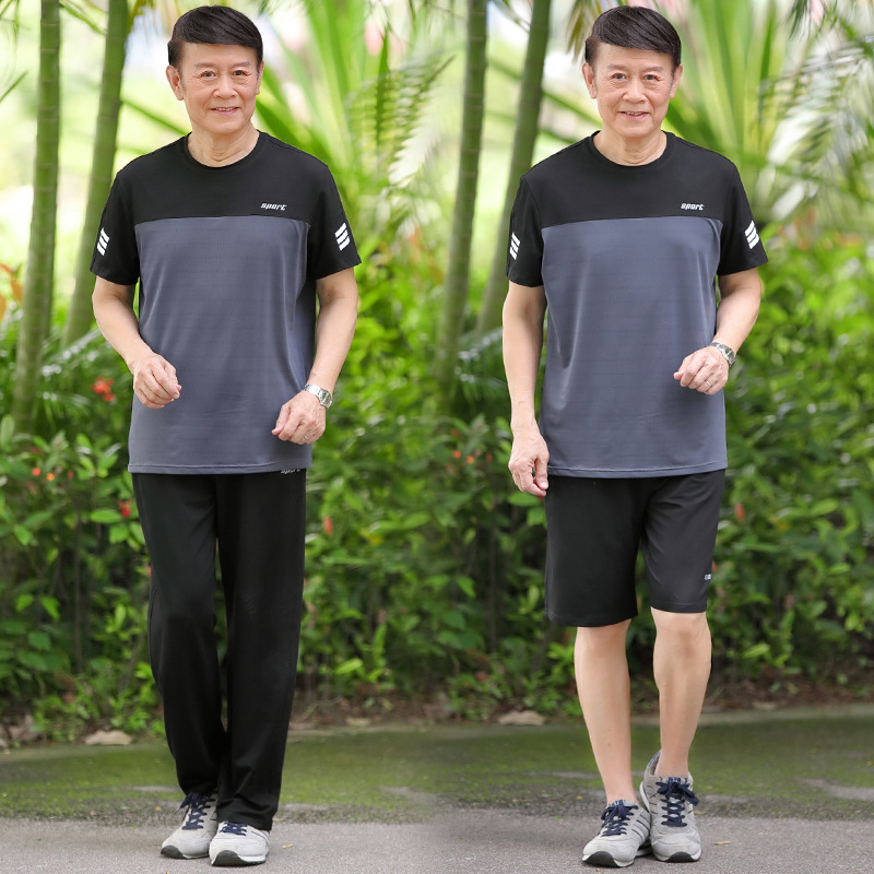 夏季中老年圆领宽松爸爸装短袖棉T恤运动套装男老人薄款衣服批发详情24