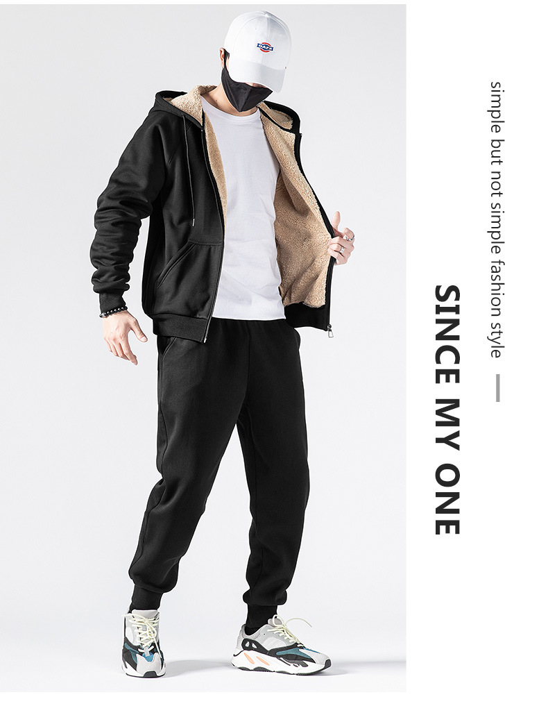 羊羔绒卫衣套装男士冬季加绒加厚一套连帽运动服休闲开衫保暖外套详情9