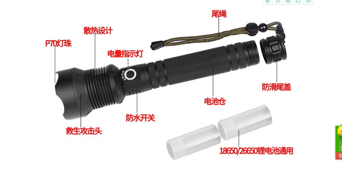 跨境大功率USB充电p70强光远射充电26650加长p50ty-c手电筒户外详情6